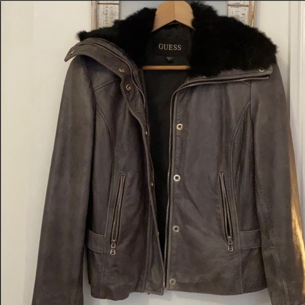 GUESS leather distressed jacket with rabbit fur.